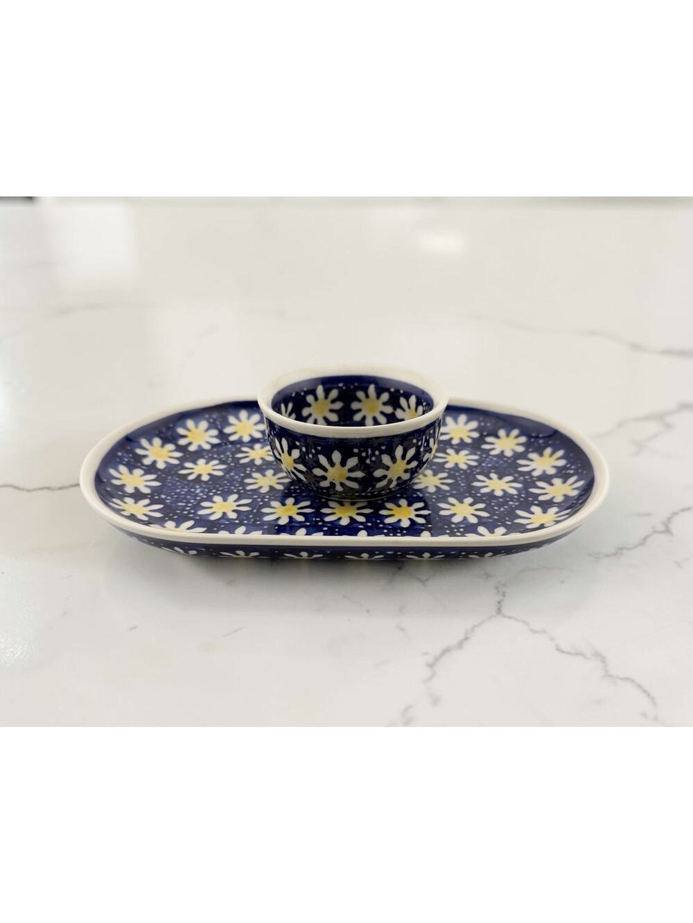 Manufaktura Polish Pottery Daisy Design Shallow Dish with Small Bowl 9" Long